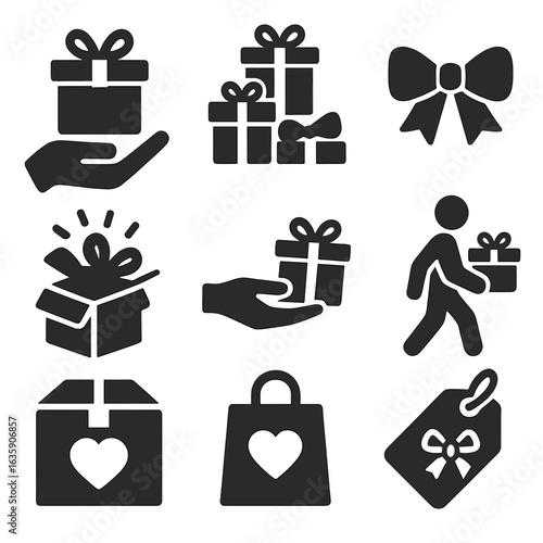 Gift-Giving Icons. Solid style icons of gift-giving occasions: present in hand, wrapped box stack, bow and ribbon icon, surprise