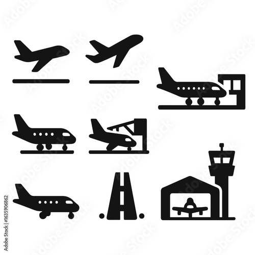 Airport Aircraft Icons. Solid style icons of airport-related aircraft: plane landing icon, aircraft takeoff, taxiing airplane,