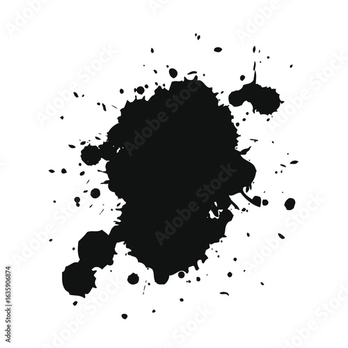 Vector art of dynamic black ink splatter and splash isolated on transparent background, conveying raw energy and artistic expression