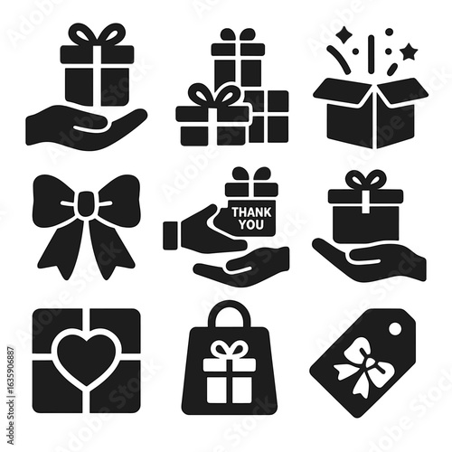 Gift-Giving Icons. Solid style icons of gift-giving occasions: present in hand, wrapped box stack, bow and ribbon icon, surprise