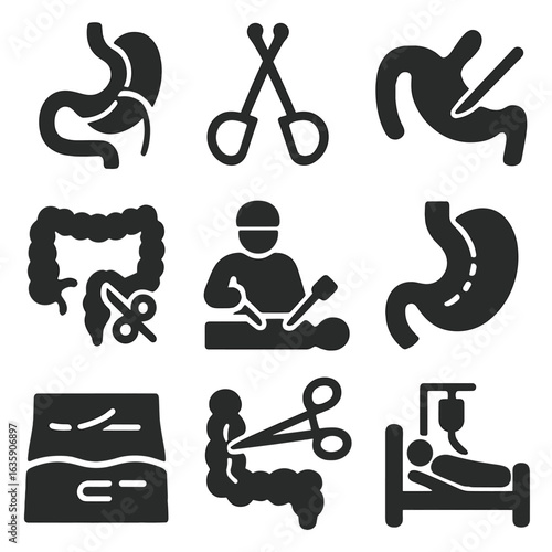 Digestive Surgery Icons. Solid style icons of surgical digestive care: gastric bypass icon, hernia repair tool, appendectomy