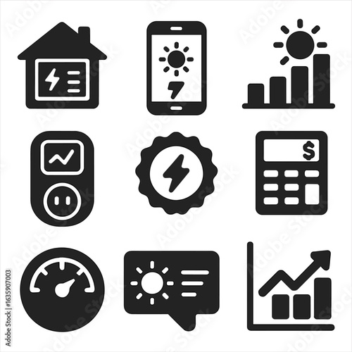 Energy Monitoring Icons. Solid style icons of energy monitoring tools: home dashboard icon, solar app on phone, usage graph with