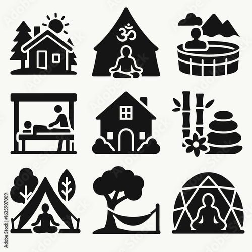 Wellness Retreat Icons. Solid style icons of retreat and wellness getaways: cabin in nature, yoga retreat tent, mountainside hot
