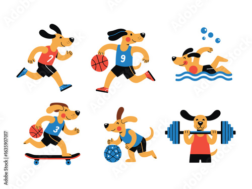 Dynamic Dog's Delight: Energetic illustrated dogs engage in diverse athletic pursuits, embodying the spirit of sportsmanship and playful competition. This image invites a feeling of energy, humor.