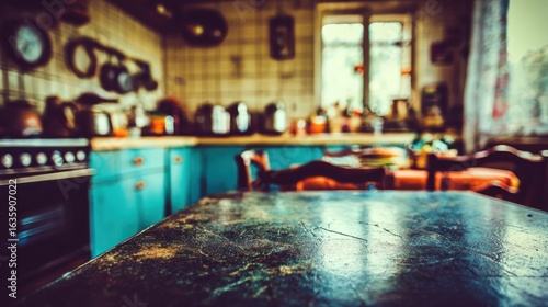 Blurred vintage kitchen interior with aged table in foreground
