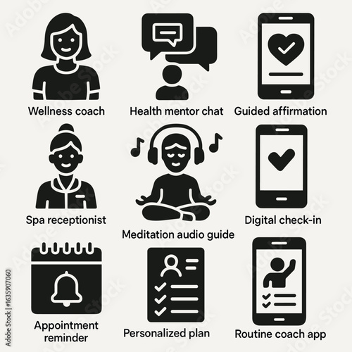 Guided Wellness Icons. Solid style icons of guided wellness: wellness coach icon, health mentor chat, guided affirmation screen,