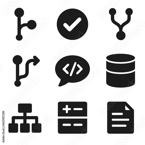 Coding Workflow Icons. Solid vector icons of coding workflow: version control branch, commit icon, merge arrows, pull request