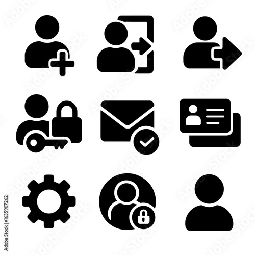 User Account Icons. Solid style icons of user account actions: sign up, log in, log out, reset password, verify email, manage