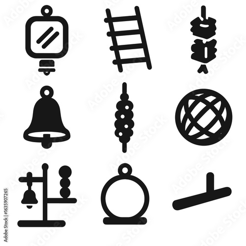 Bird Enrichment Icons. Solid style icons of pet enrichment for birds: spinning mirror toy, ladder steps, shreddable block, talking