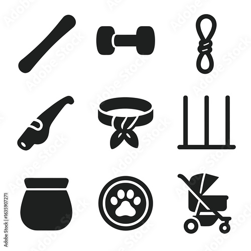 Dog Gear Icons. Solid style icons of dog-specific gear: fetch stick, training dumbbell, cooling collar, tug toy, dog whistle, paw
