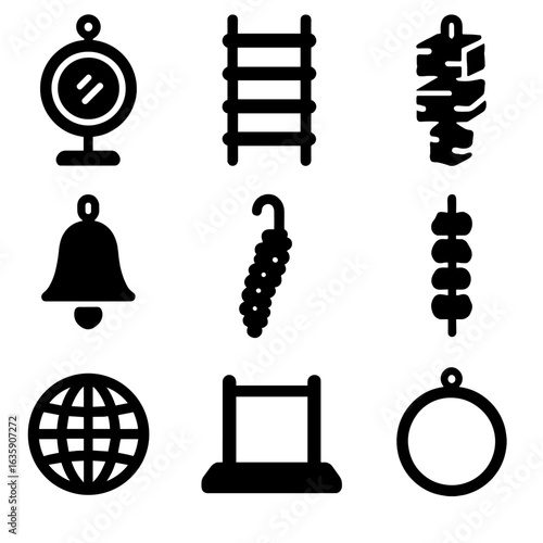 Bird Enrichment Icons. Solid style icons of pet enrichment for birds: spinning mirror toy, ladder steps, shreddable block, talking