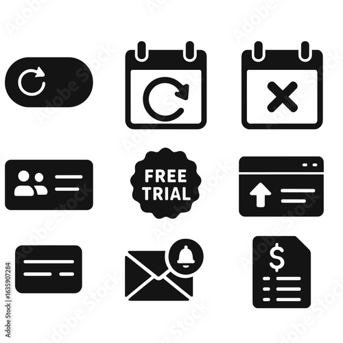 Subscription Icons Collection. Solid style icons of subscription and recurring payments: auto-renew toggle, billing cycle calendar