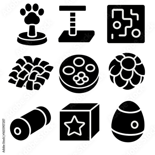 Pet Enrichment Icons. Solid style icons of enrichment products: scent puzzle toy, climbing platform, treat maze, foraging mat,