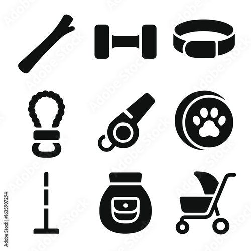 Dog Gear Icons. Solid style icons of dog-specific gear: fetch stick, training dumbbell, cooling collar, tug toy, dog whistle, paw