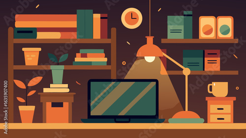 Cozy home office workspace with laptop, books and warm lighting in flat style