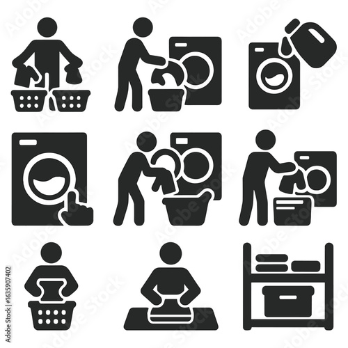 Laundry Icons Sequence. Solid style icons of laundry process steps: separate laundry, load machine, add detergent, start cycle,