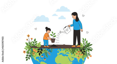 A mother and child planting a sapling together on top of the Earth symbolizing a greener future