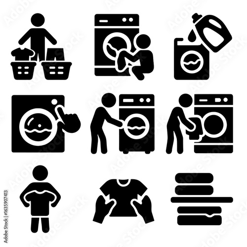 Laundry Icons Sequence. Solid style icons of laundry process steps: separate laundry, load machine, add detergent, start cycle,