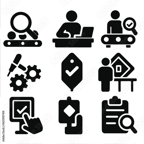Manufacturing QA Icons. Solid style icons of manufacturing QA process: conveyor with inspection, inspector at station, product