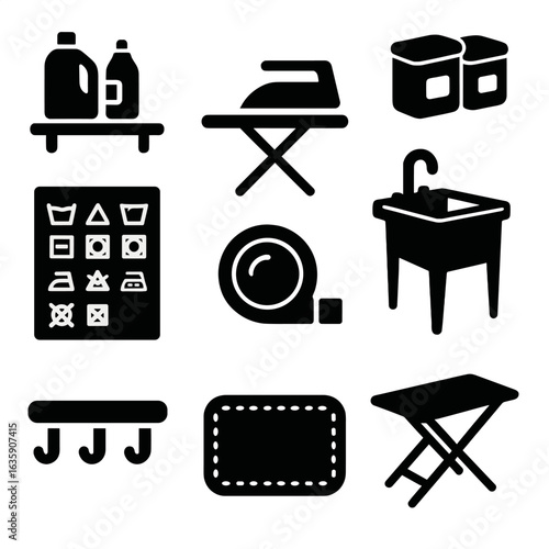 Laundry Room Essentials. Solid style icons of laundry room elements: wall shelf with supplies, ironing station, labeled containers