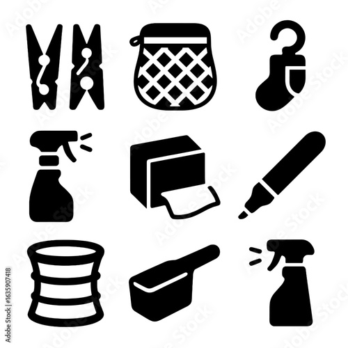 Laundry Accessory Icons. Solid style icons of laundry accessories: clothespins, mesh laundry bag, sock clip, stain remover spray,