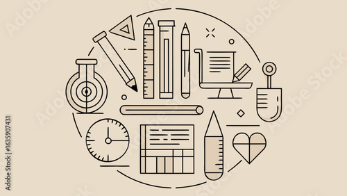 Linear illustration of school and education supplies arranged in a circular composition