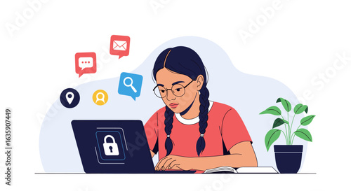 Young girl wearing glasses with braided hair focused on her laptop screen displaying a lock icon promoting online safety and digital security awareness education for children and teens