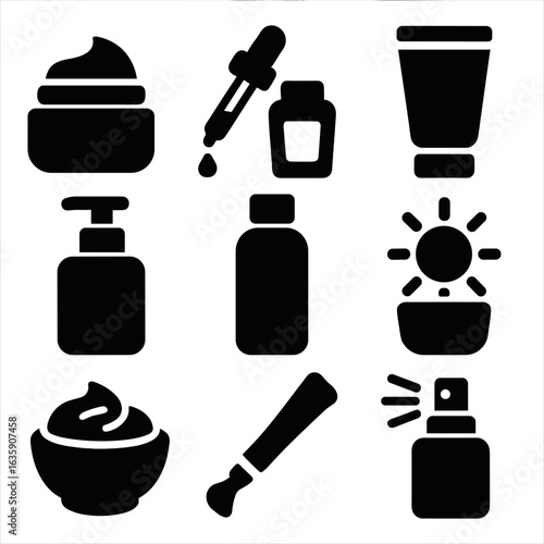 Skincare Essentials Icons. Solid style icons of skincare essentials: face cream jar, serum dropper, facial cleanser tube,