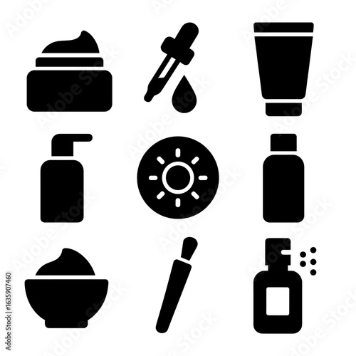 Skincare Essentials Icons. Solid style icons of skincare essentials: face cream jar, serum dropper, facial cleanser tube,