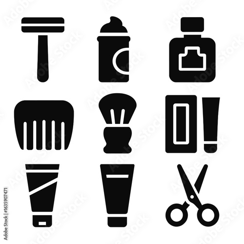 Grooming Icons Collection. Solid style icons of shaving and grooming: safety razor, shaving cream can, aftershave bottle, electric