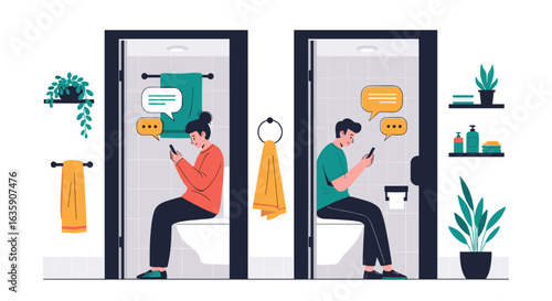 Modern Public Restroom Scene With People Using Smartphones While Sitting On Toilets