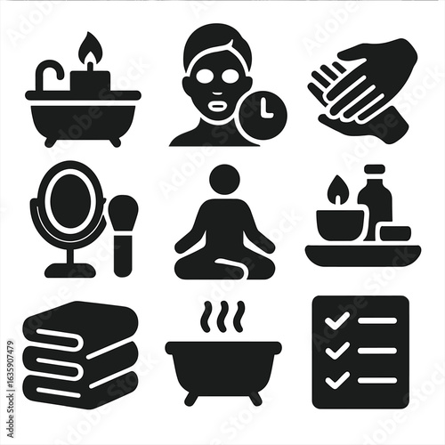 Self-Care Ritual Icons. Solid style icons of self-care rituals: candle with bath icon, facial mask with clock, hand massage,