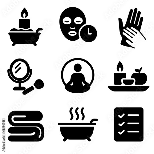 Self-Care Ritual Icons. Solid style icons of self-care rituals: candle with bath icon, facial mask with clock, hand massage,