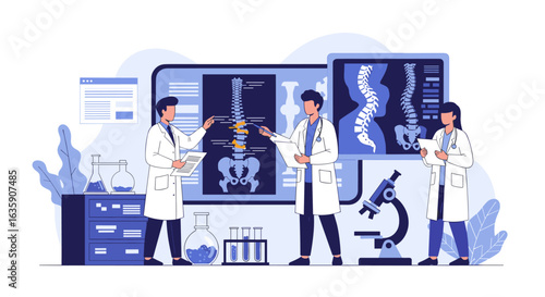 Medical Professionals Analyzing Spinal X Rays in a Modern Laboratory Setting Examining Patient Health Through Advanced Diagnostics