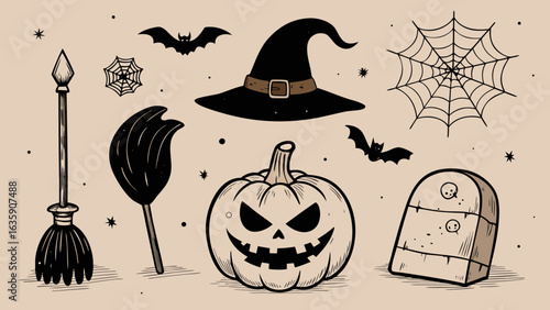 Halloween doodle set with pumpkin, witch hat, broom, bats and gravestone