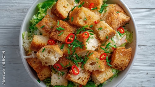Bread croutons on lettuce salad, topped with chilies and chives, bowl