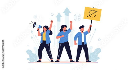 Activists with megaphones and signs raising their fists in support of a movement for change and progress