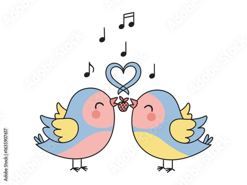 Singing Lovebirds' Melody: Two charming, pastel-colored lovebirds share a sweet moment, their song symbolized by musical notes and heart shaped from their breath, capturing the essence of tenderness.