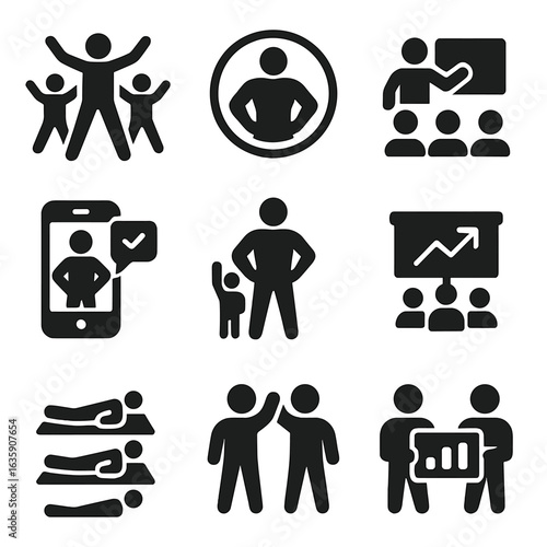 Group Fitness Icons. Solid style icons of group fitness and coaching: group workout icon, fitness trainer badge, guided class icon