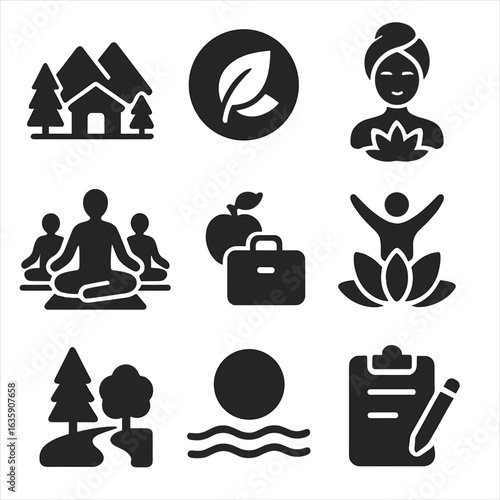 Wellness Retreat Icons. Solid style icons of wellness retreats and programs: mountain wellness camp, retreat badge, spa program