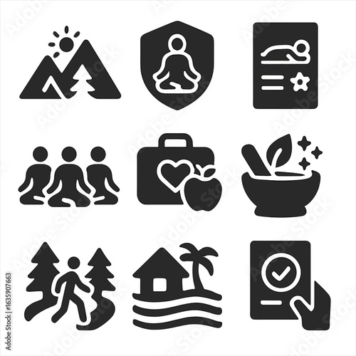 Wellness Retreat Icons. Solid style icons of wellness retreats and programs: mountain wellness camp, retreat badge, spa program