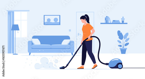 Woman enthusiastically vacuuming the living room floor with a modern appliance creating a clean and tidy environment