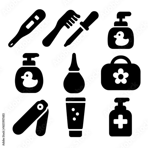 Kids Hygiene Icons. Solid style icons of health and hygiene for kids: baby thermometer, soft toothbrush, medicine dropper, baby