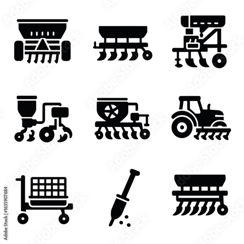 Planting Equipment Icons. Solid style icons of planting and seeding equipment: seed drill, row planter, automatic transplanter,