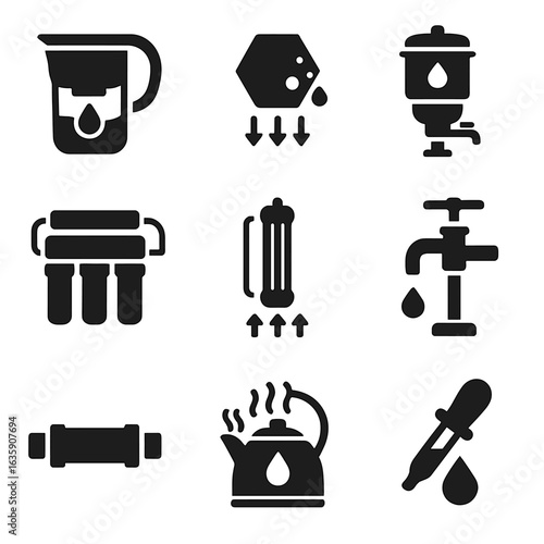 Water Purification Icons. Solid style icons of water purification: filter pitcher, activated charcoal icon, ceramic water filter,
