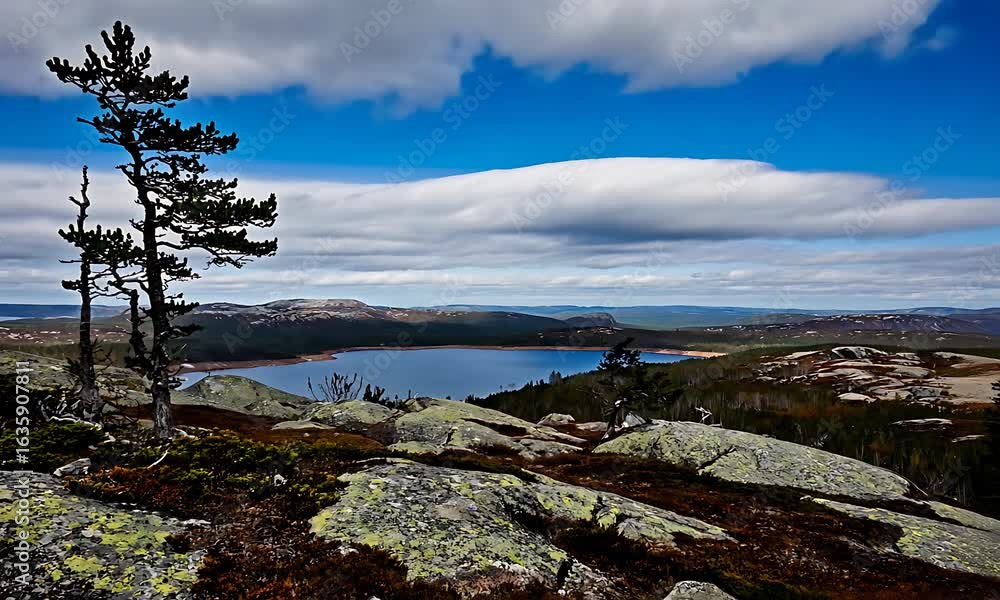 Highland lake landscape with rocky foreground, sparse pine trees, and distant hills under a vibrant blue sky with white clouds. Highland lake landscape with rocky foreground, sparse pine trees, and distant hills under a vibrant blue sky with white clouds.