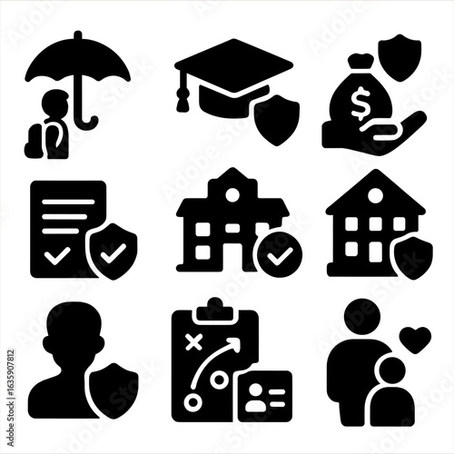 Education Insurance Icons. Solid style icons of child and education insurance: child with school bag under umbrella, graduation