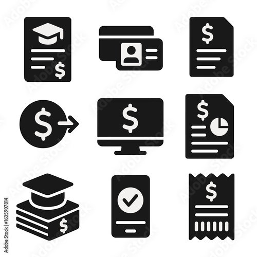 Tuition Payment Icons. Solid style icons of tuition and payment systems: tuition invoice, credit card and student ID, fee