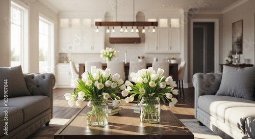 Bright, airy living room with tulip bouquets on a coffee table, kitchen behind