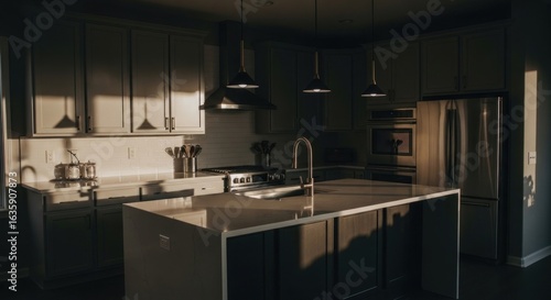 Bright kitchen corner with island, cabinets, and stainless steel appliances